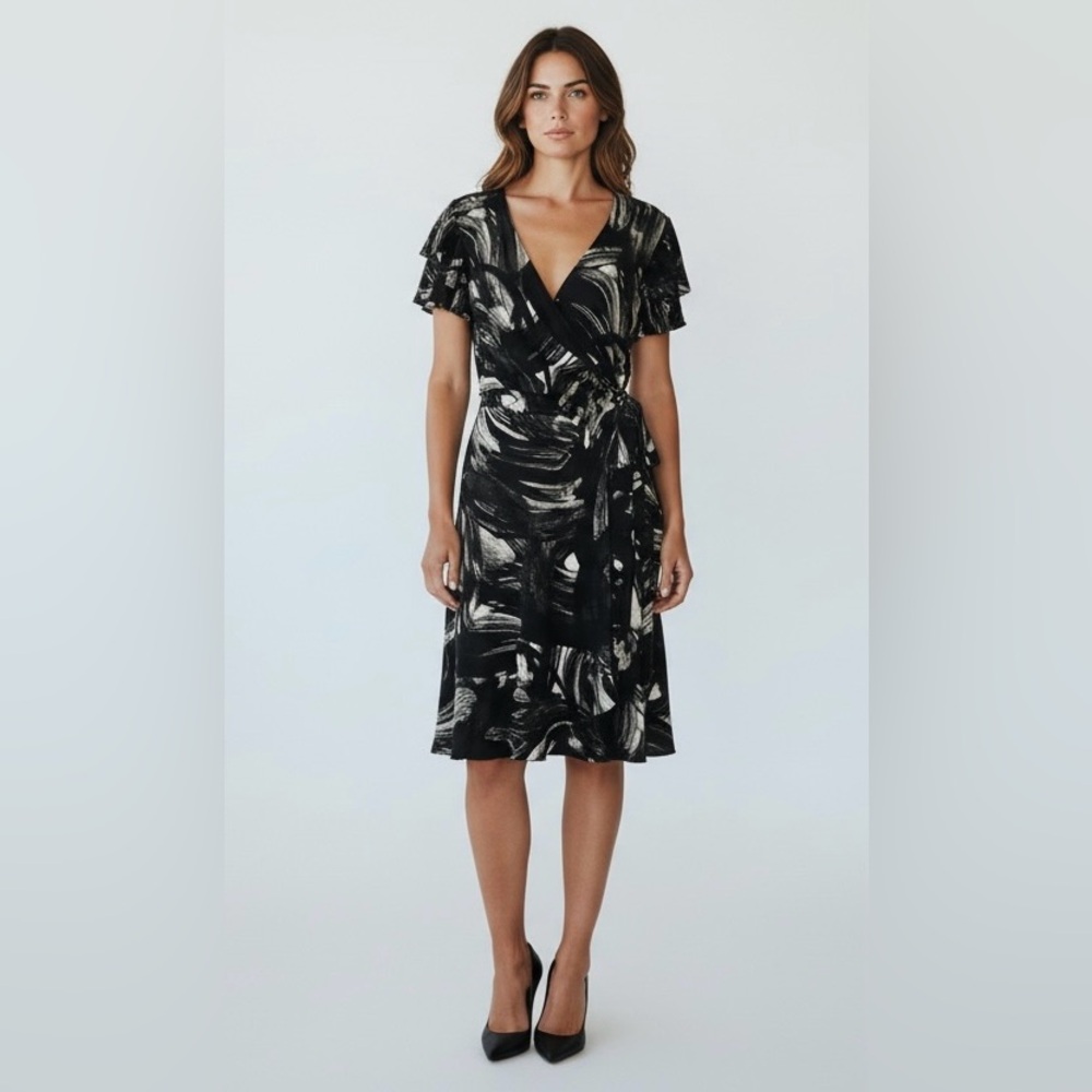 Halston Wrap Dress Black & White Abstract Print Ruffle‎ Sleeve Midi Size Small